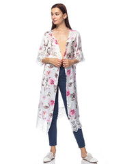 Kimono largo con bordado de encaje floral