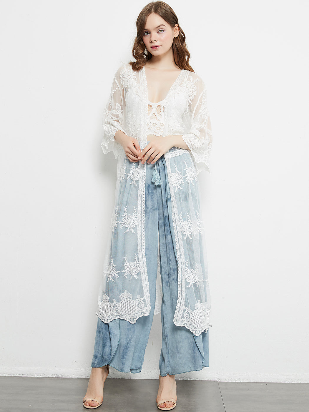 Long Floral Lace Embroidered Kimono