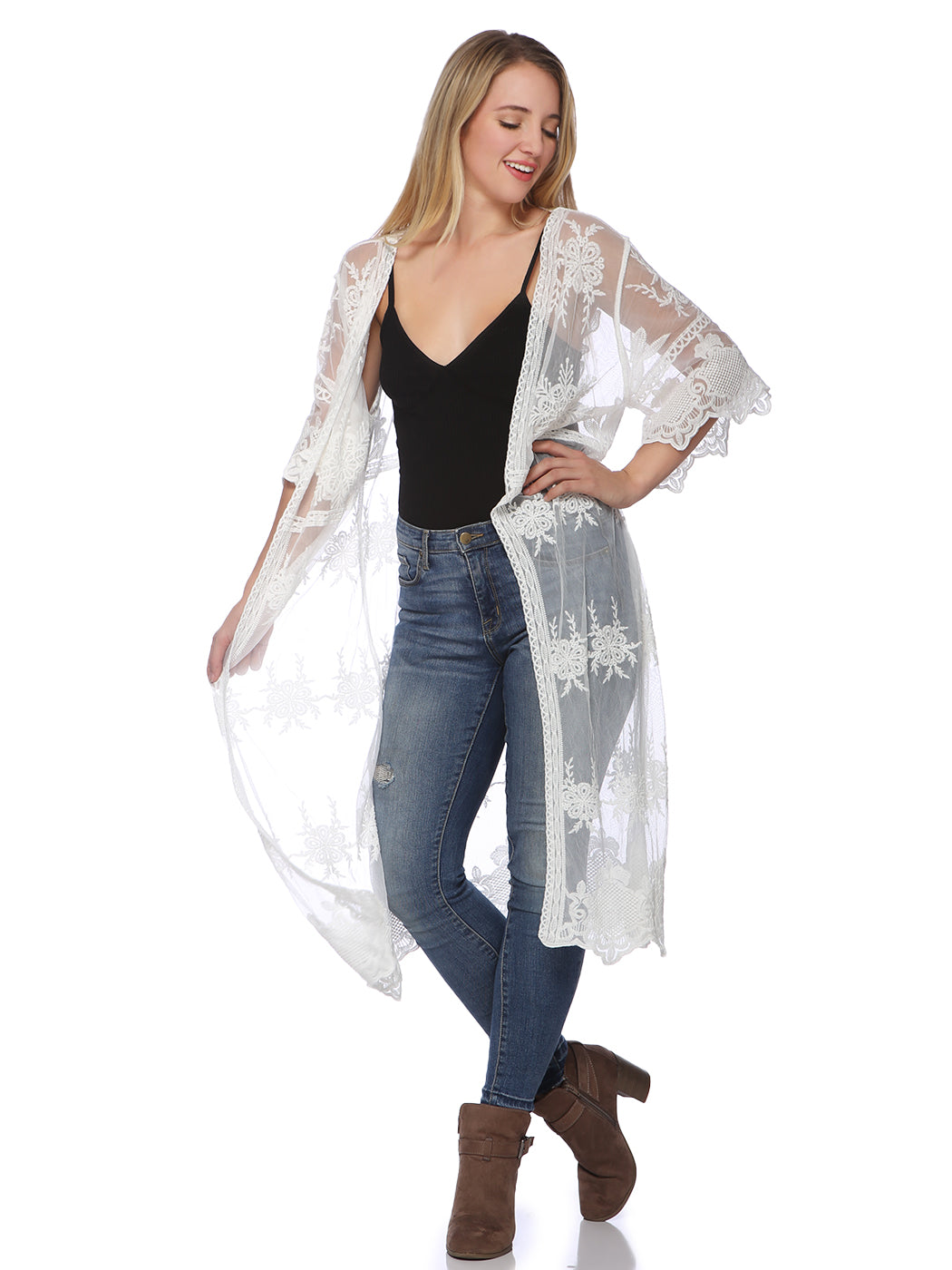 Long Floral Lace Embroidered Kimono