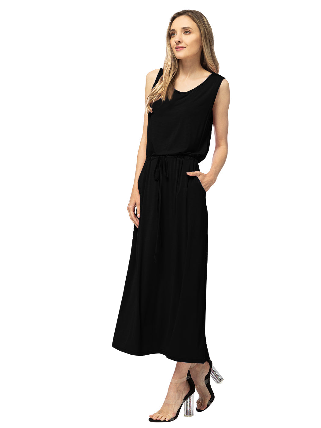 Sleeveless Maxi Length Drawstring Dress