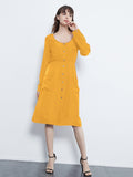 Long Sleeve Round Neck Button Dress With Pockets