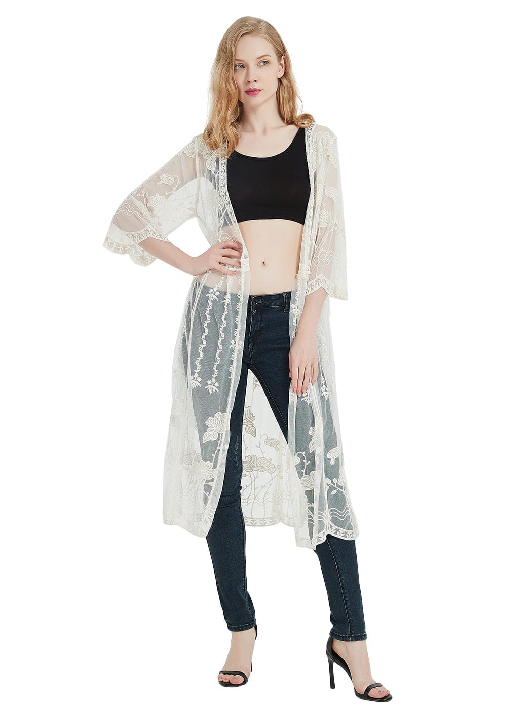 Kimono-Cardigan mit bestickter Spitze