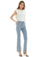 Jeans mit hohem Bund und Schlitzen, lange Hose mit Taschen