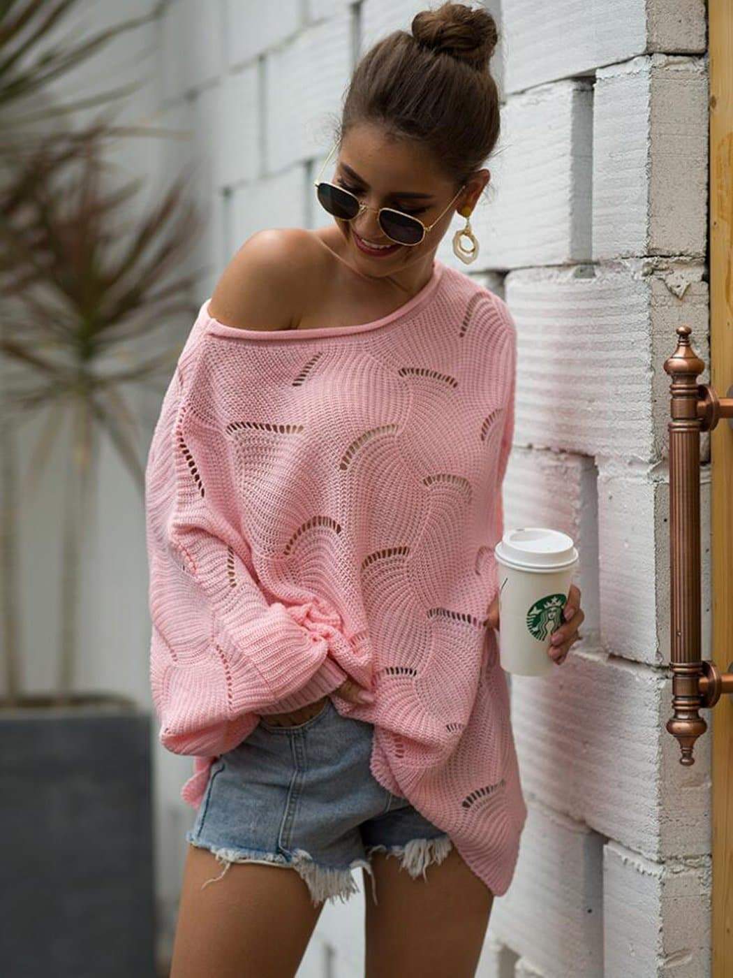 Loose Batwing Sleeve Hollow Out Knit Sweater Top