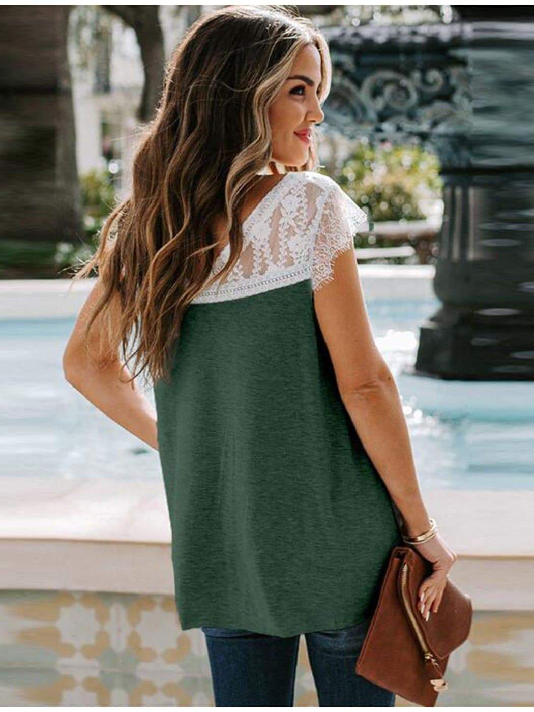 Plus Size Casual Loose Short Sleeve Lace V Neck Tee