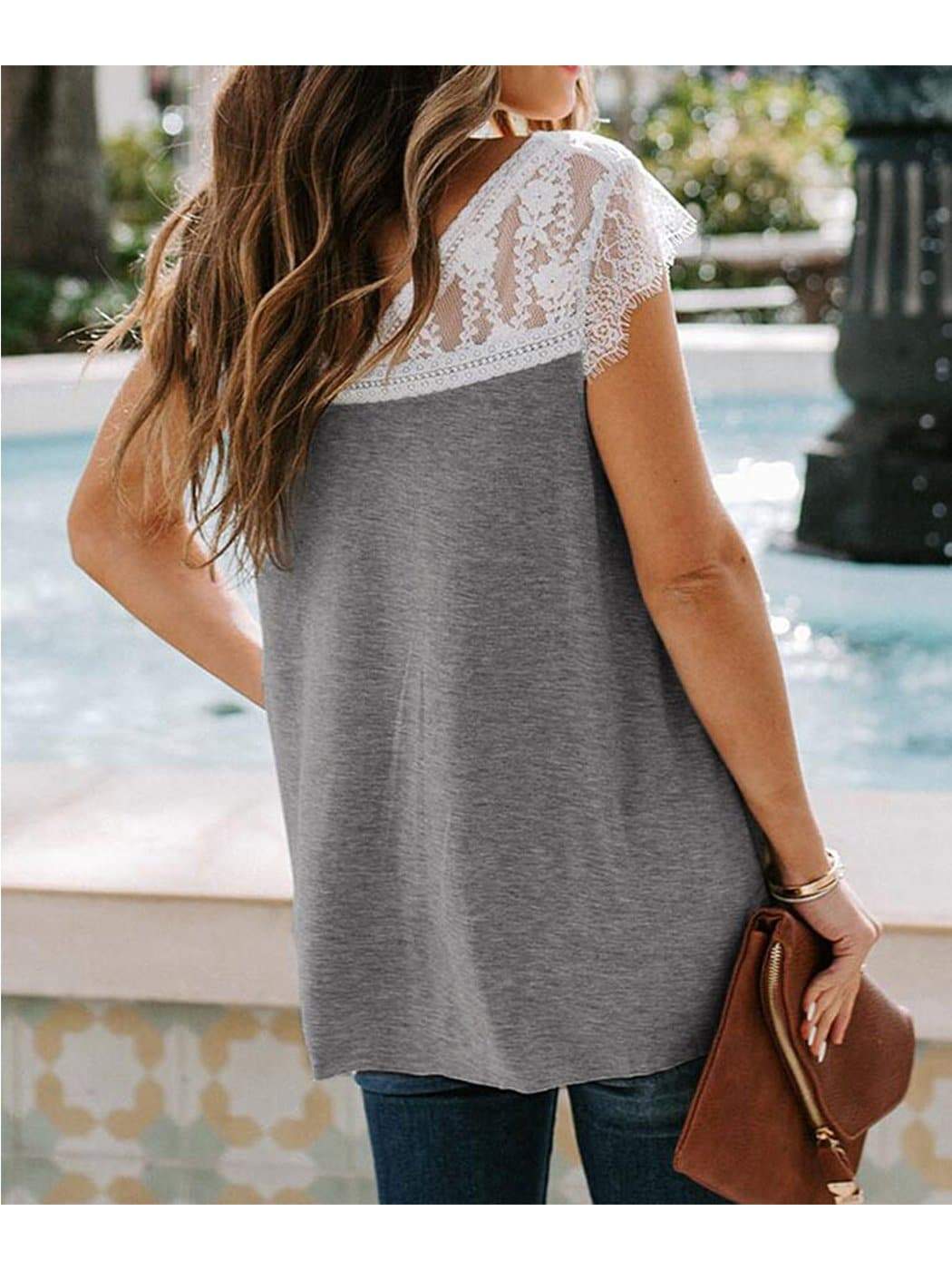 Plus Size Casual Loose Short Sleeve Lace V Neck Tee