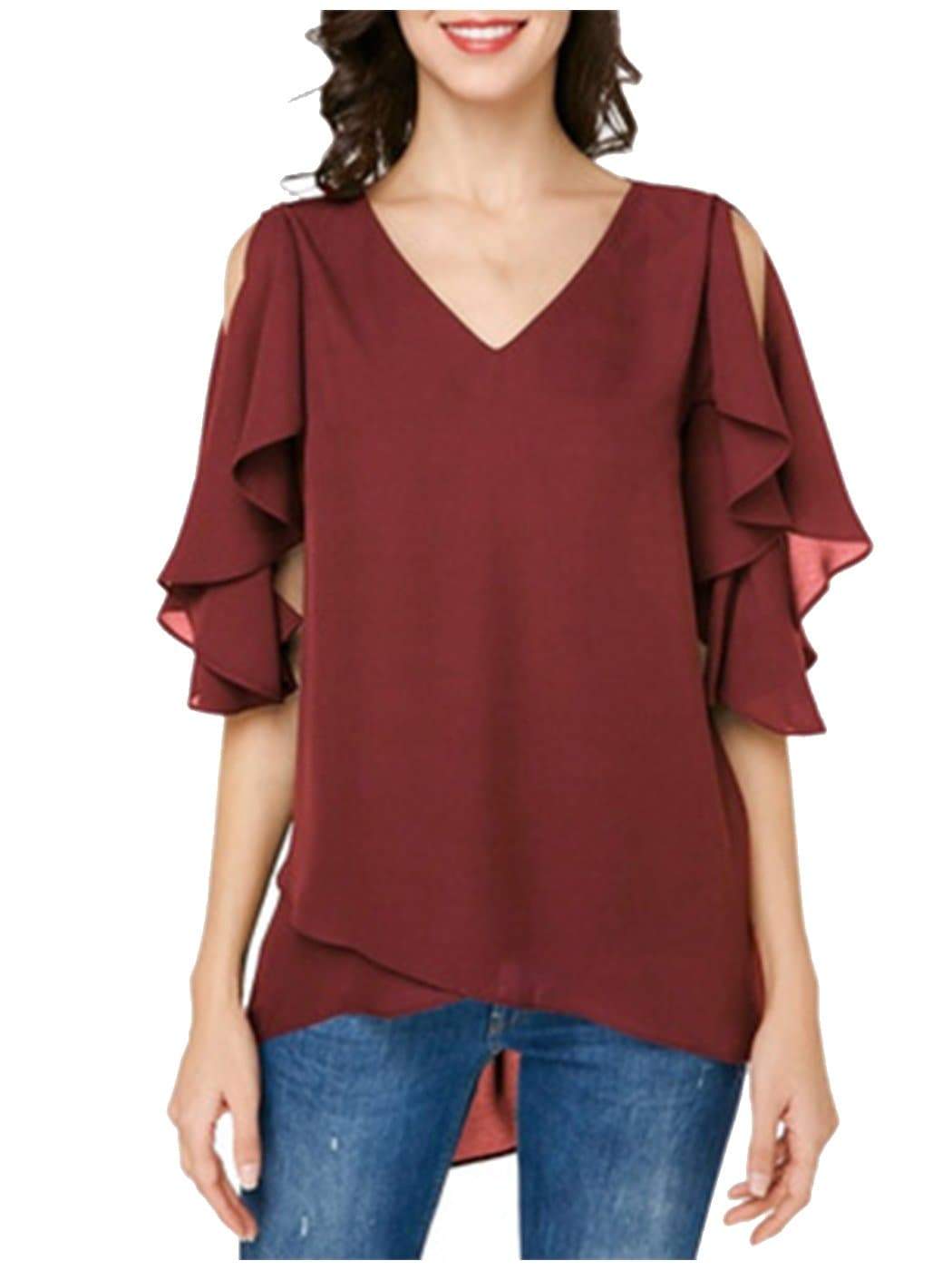 V-neck Ruffle Sleeve Chiffon Top