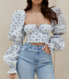 Ditsy Floral Puff Peasant Sleeve Keyhole Crop Top