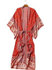 Brautkleid mit Blumendruck, rot, Baumwolle und Viskose, langes Kleid, Kimono