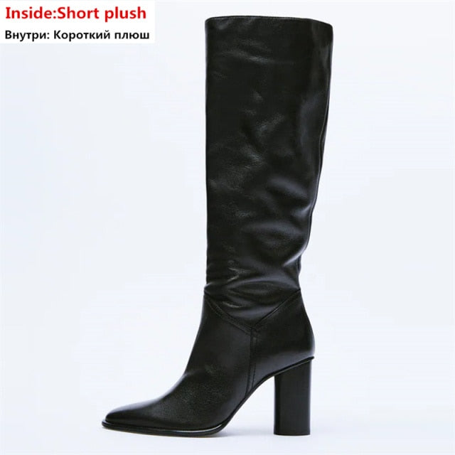 Knee High Boots Leather High Heels