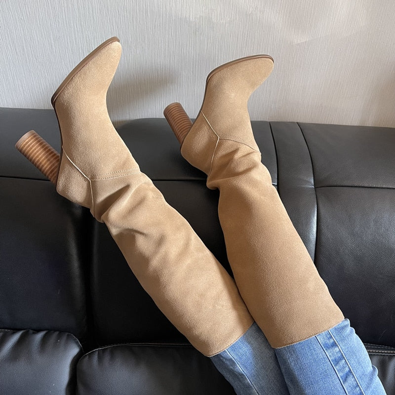 Knee High Boots Leather High Heels
