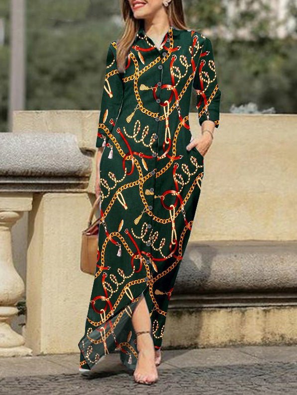 Women's Dresses Chain Print Lapel Button Long Sleeve Dress Emes Shop Women's Dresses Chain Print Lapel Button Long Sleeve Dress Emes Shop