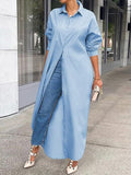 Solid Long Sleeve Slit Shirt Dress