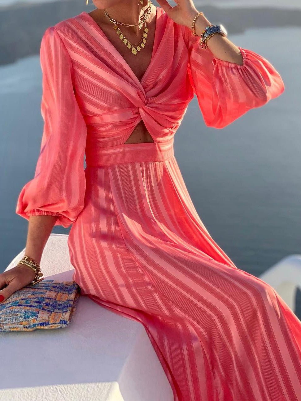 Striped wrap hollow out maxi dress Clearance