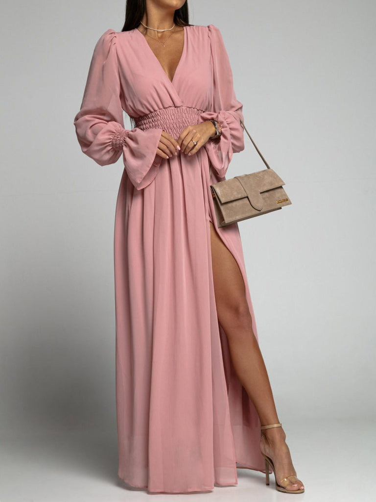 Women's Dresses V-Neck Elastic Waist Long Sleeve Slit Dress